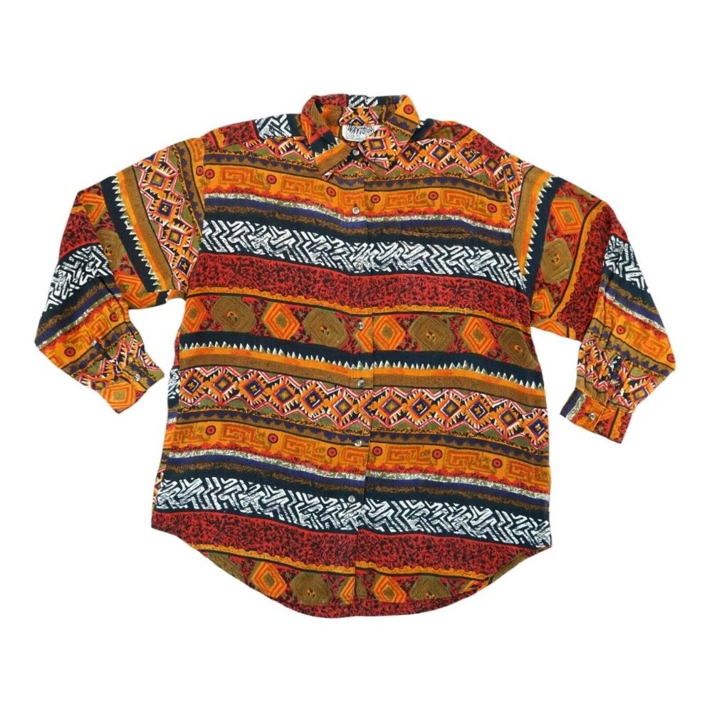 Way to Go Women's Shirt Size Large Button Down Long Sleeve Geometric 100% Rayon‎